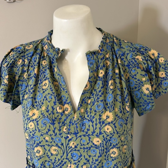 Anthropologie Penrose Tiered Tunic Dress GUACAMOLE Green Blue Puff Sleeve Sz XSP - Picture 5 of 14